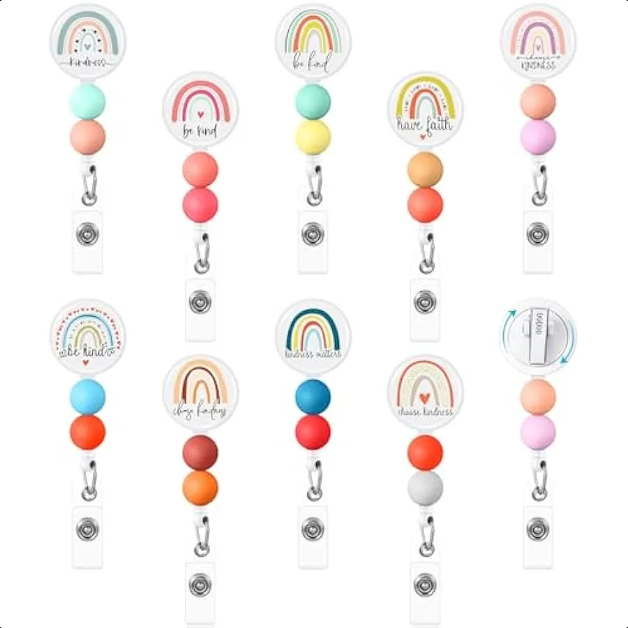 

9 Pcs Be Kind Badge Reels for Retractable with Silicone Beaded Beads 360 Rotating Clip Cute Rainbow Badge Reels Holder ID Name