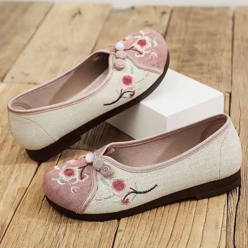 

Women's Flat Sole Embroidered Cloth Shoes Spring Summer New Soft sole Round Toe Shallow slip On Middle Aged And Elderly Shoes