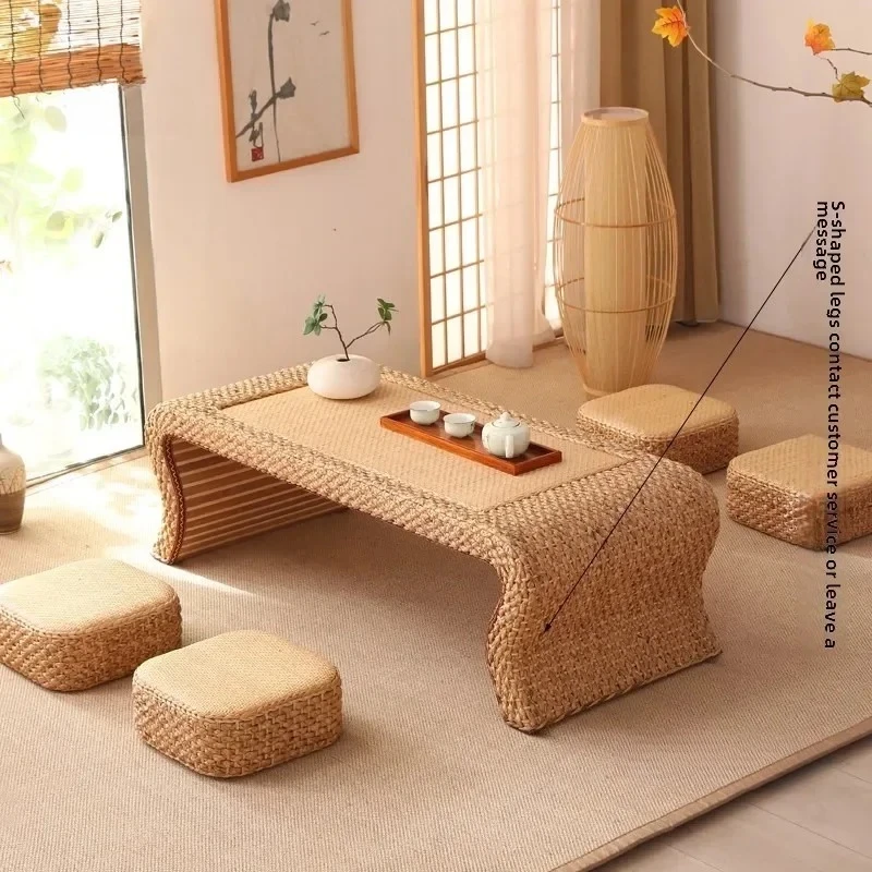 Japanese Tatami Rattan Coffee Table and Chair Set Living Room Coffee Table Balcony Leisure Coffee Table for Living Room