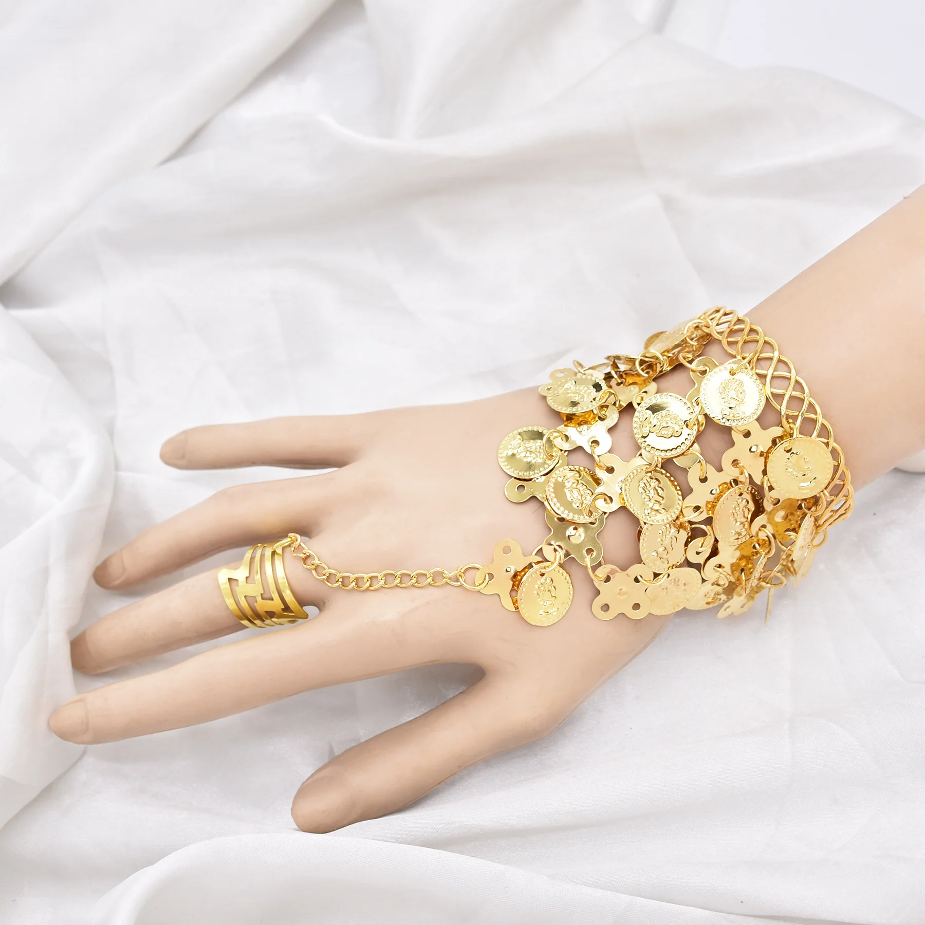 Kurdish India Belly Dance Open Ring Cuff Bracelet for Women Coins Tassel Bell Long Chains Bangles Hand Ethnic Jewelry Accessory