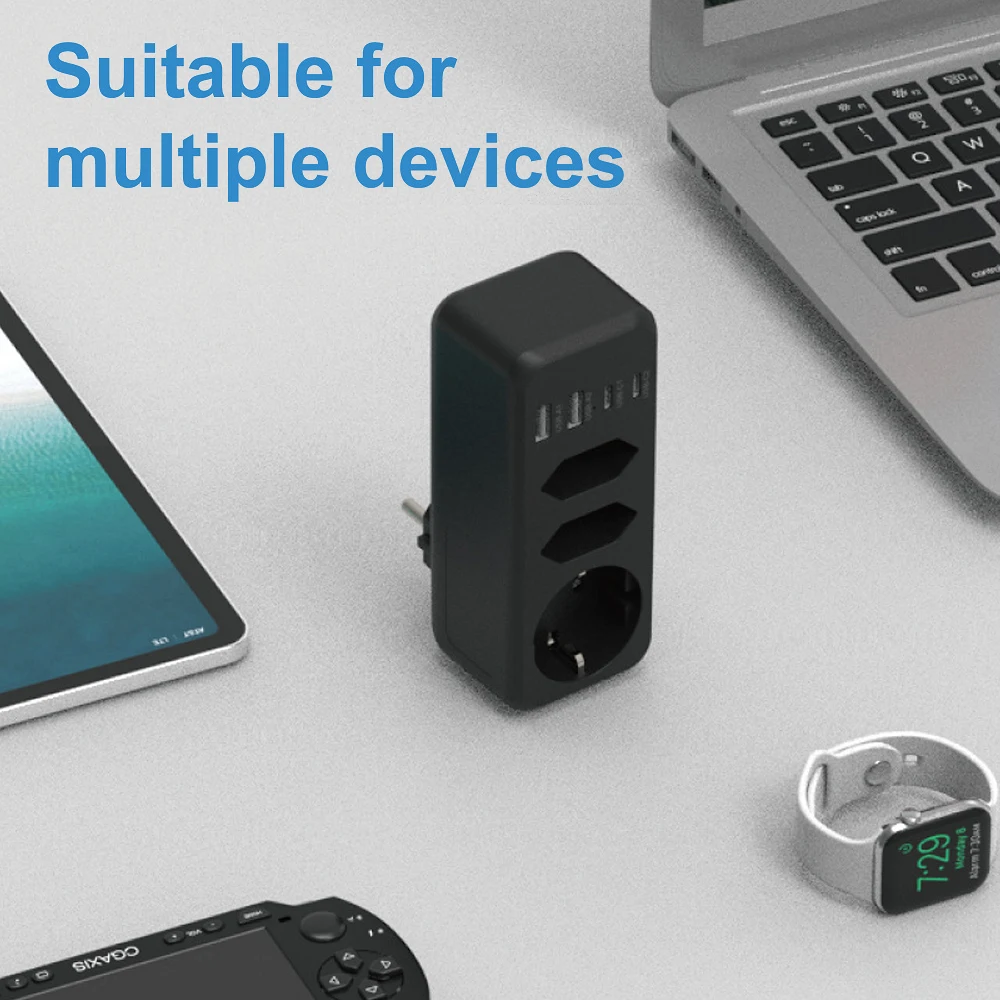 

7 In 1 3500W EU Plug Power Strip with 3 AC Outlets 4 USB 17W Fast Charging Socket 7 Safety System Surge Protection Socket