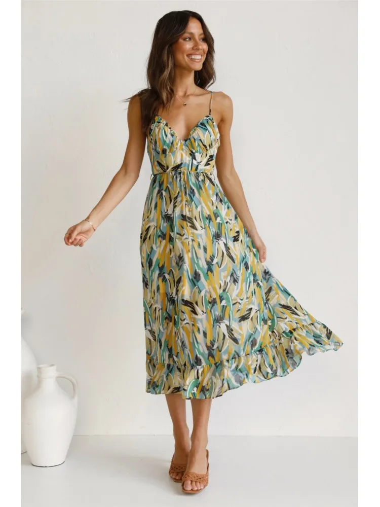 

Summer Printed Dress 2024 For Women Sexy Spaghetti Strap Boho Beach Vacation Sundress V-neck Backless Dresses Femme Vestidos