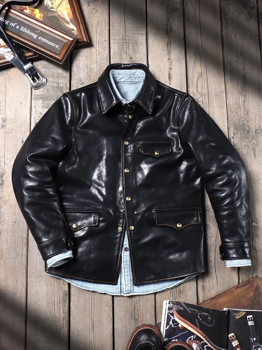 Tailor Brando Washed Uncoated Vegetable Tanned Calfskin Brakeman Vintage Work Jacket Lapel Men's Genuine Leather Jacket