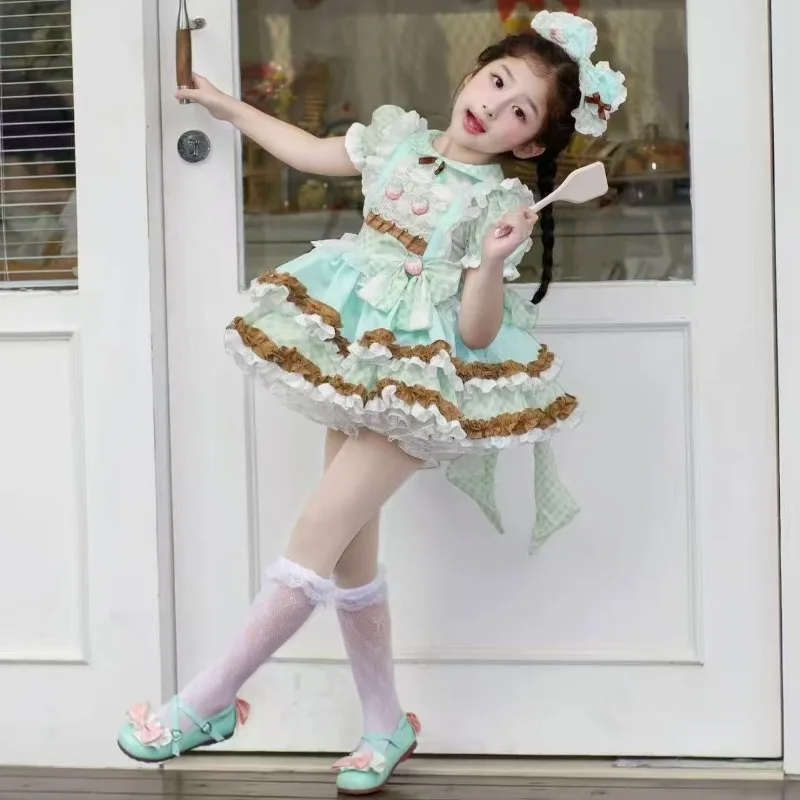 Handmade Fresh Apple Green Cartoon Cotton Print Girl Sweet Cool Mori Vest Set Kids Boutique Clothes