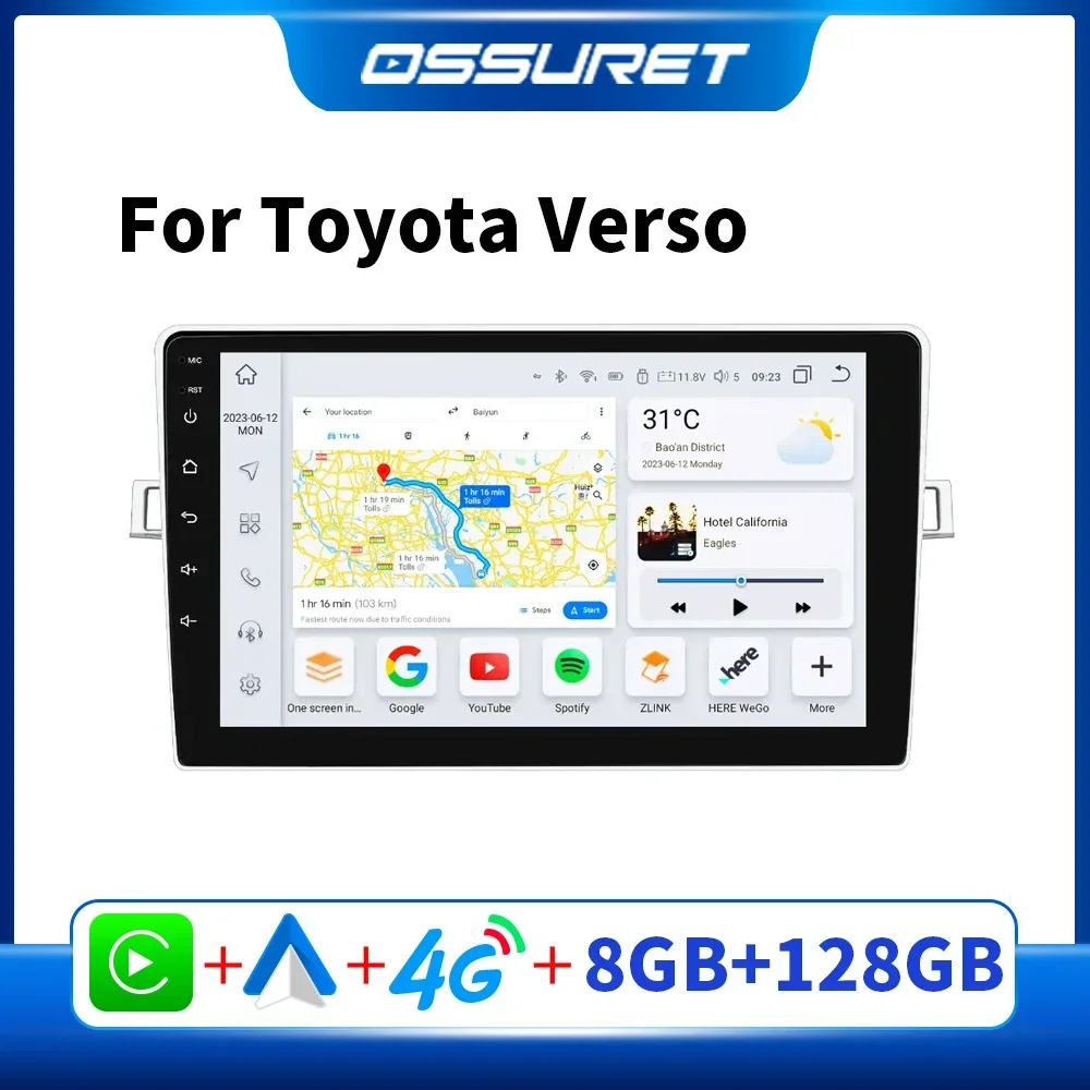 Car radio Automotive multimedia for Toyota Corolla Verso 2009 - 2018 Android auto Carplay WIFI 4G 7862 GPS navigation 2din 9inch