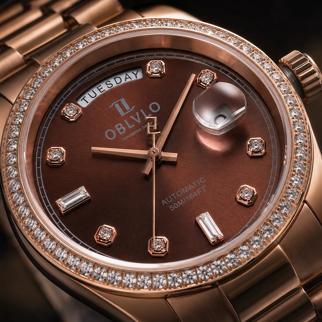 OBLVLO Men's Rose Gold Automatic Dress Watch with Crystal-Set Bezel Brown Dial Date And Day Display Miyota 8285 Movement RX-DD-D