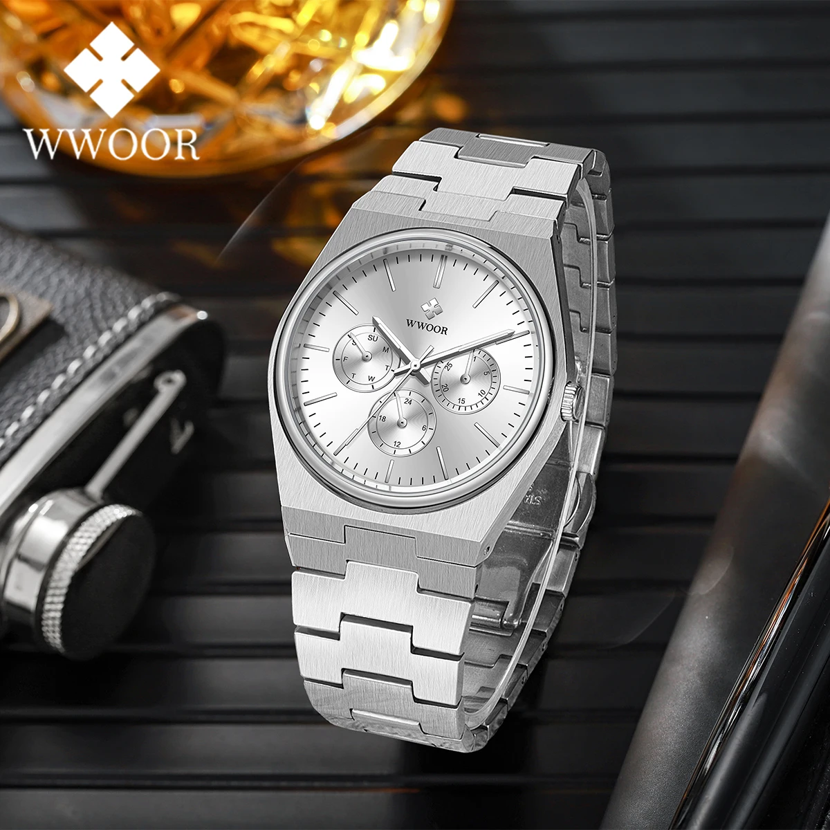 WWOOR-Relógio Sapphire Masculino, Aço Inoxidável 316L, Luxo, Negócios, Luminoso, Impermeável, Calendário, Quartz Watch Box, Homens