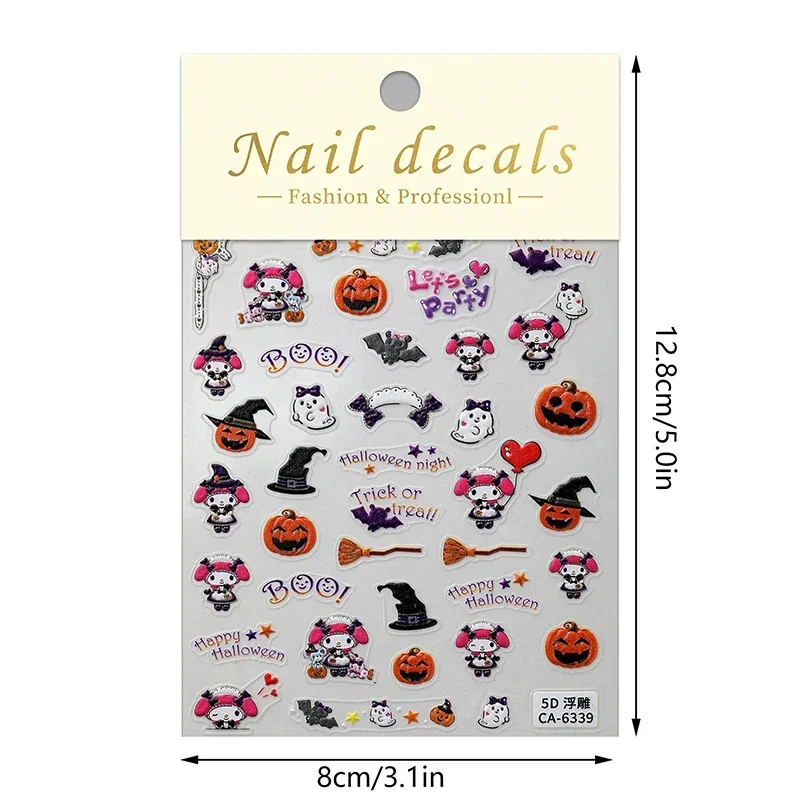 Halloween Sanrio Series Relief Nail Stickers Cartoon Hello Kitty Melody Cinnamoroll Girl Holiday Theme Nail Art DIY Decoration