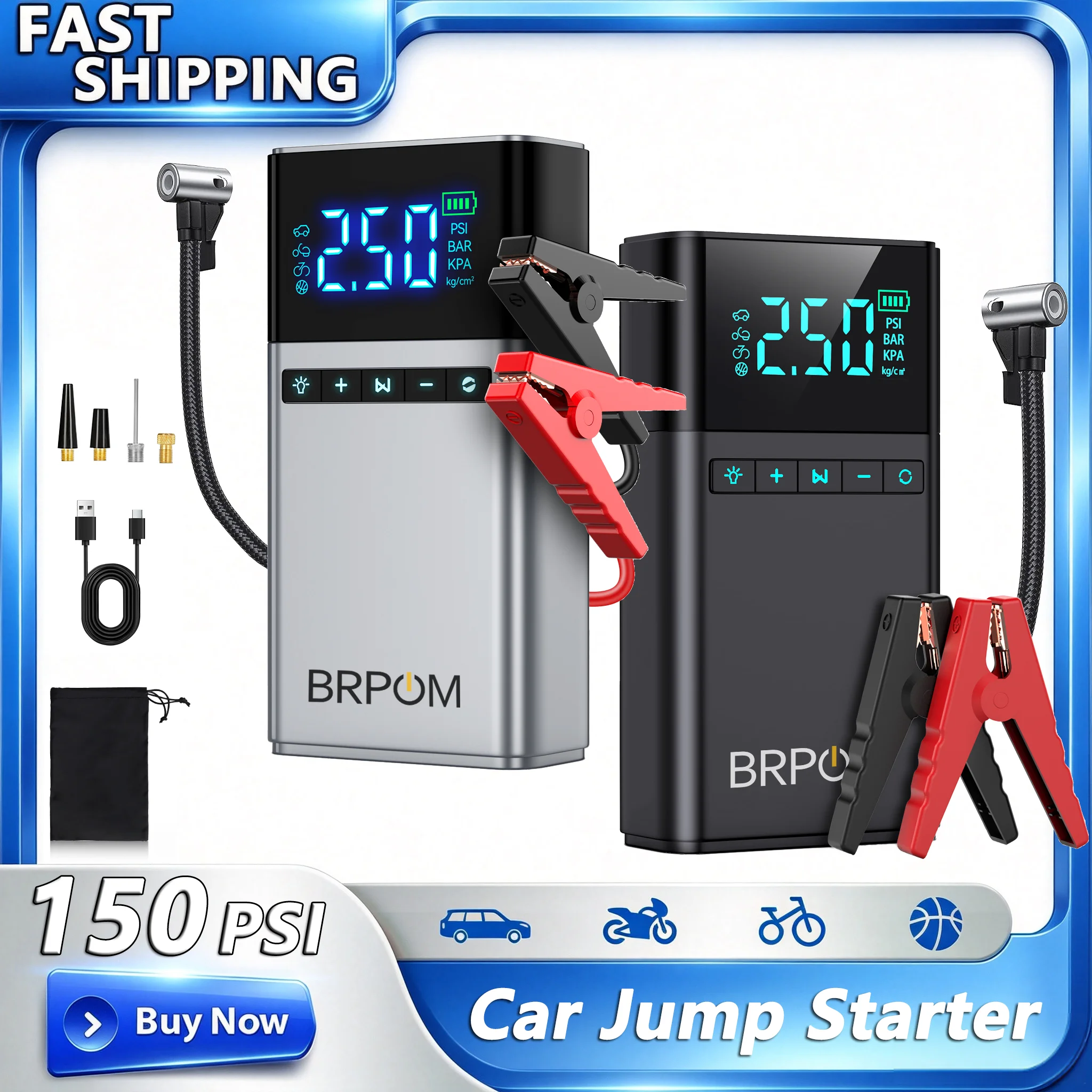 1500A Peak 3-IN-1 Car Jump Starter With Air Compressor Auto Battery Booster 150PSI Air Pump Portable Power Bank Tire Inflator With LED Light