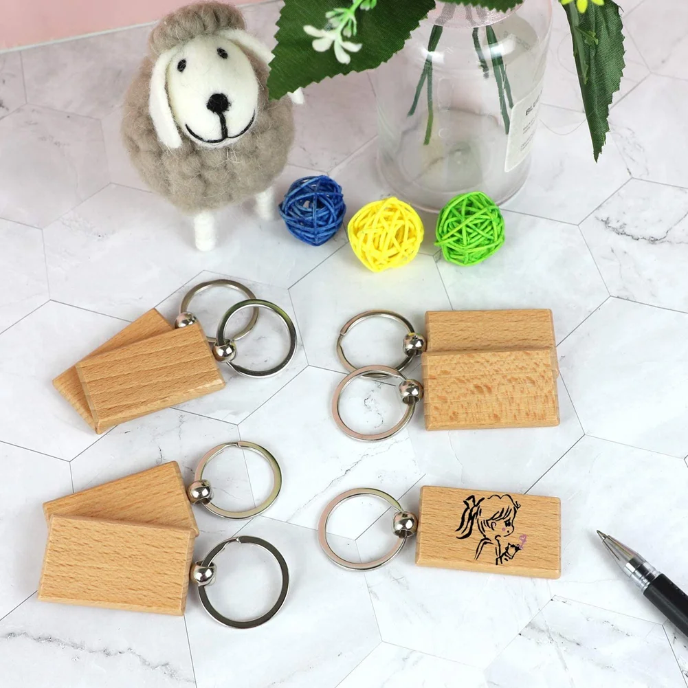 100Pcs DIY Blank Wooden Key Chain Rectangle Heart Round Ellipse Carving Key Ring Wood Key Chain Ring