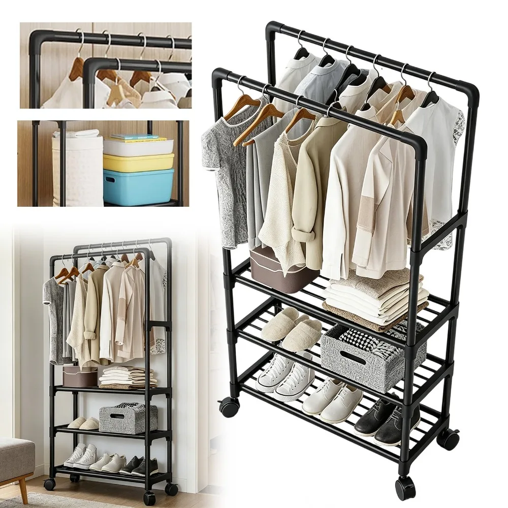 1 Set 57,5*35*147cm Dreischichtiger Doppelstangen-Kleiderständer mit Rollen, bodenmontiert, für Schlafzimmer, Wohnzimmer, Ankleidezimmer, zweistufiger dreischichtiger bodenmontierter Kleiderständer.