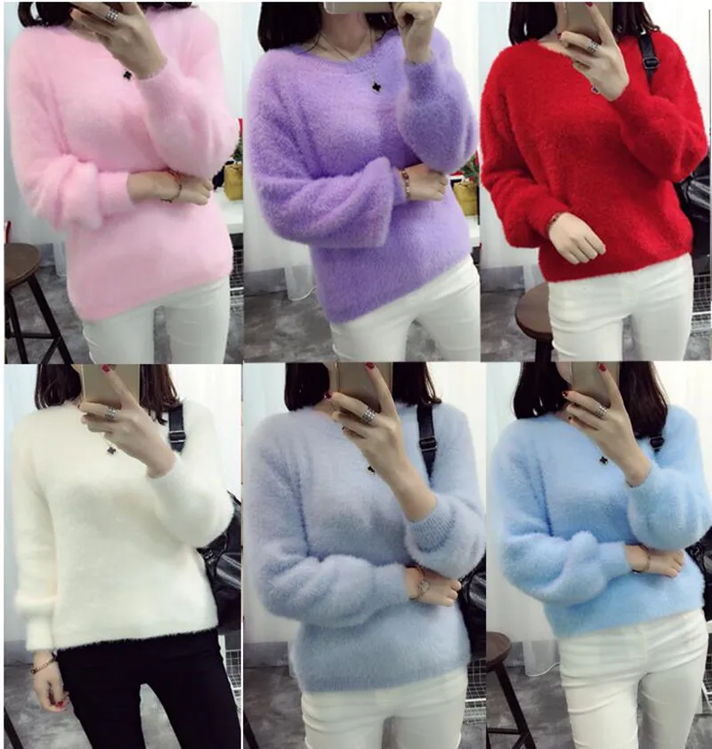 

Mohair Sweater Women Fur Knitted Sweater Pullovers Winter Fall Fashion Plush Soft Jumper Female Casual Tops Round Neck Mohair