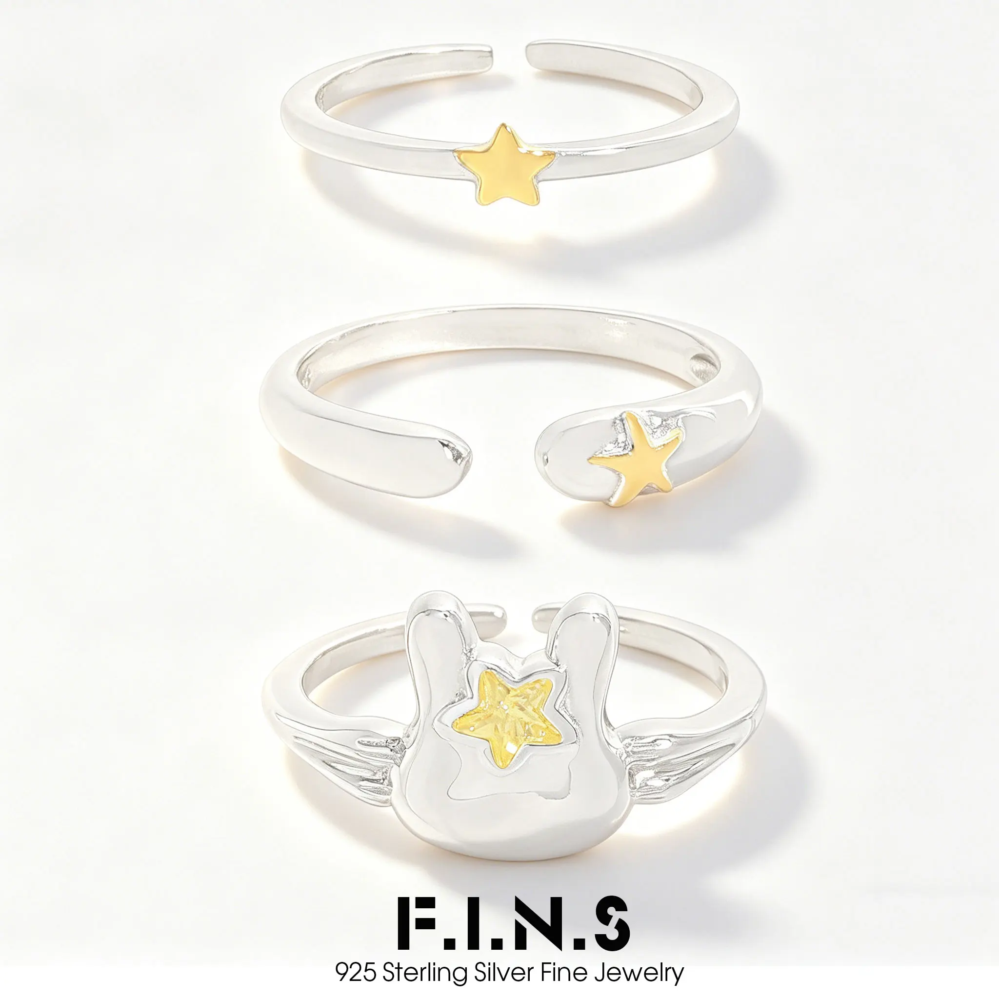 

F.I.N.S Versatile S925 Sterling Silver Rabbit Ring for Women Korean Style Gold Star Zircon Stackable Finger Fine Jewelry Gifts