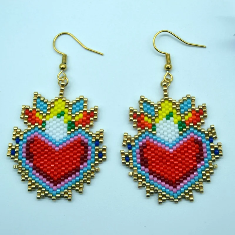 Bohemian Style Hand-Knitted Heart Design Rice Bead Earrings Women Fashionable Simple Beaded Jewelry Versatile Fashion Accessory
