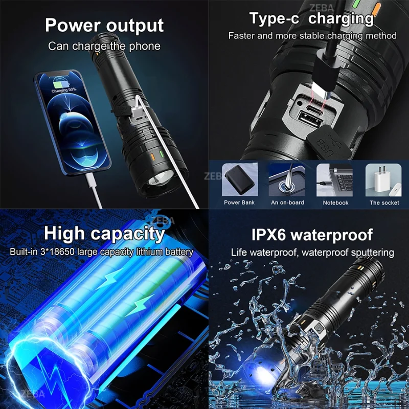 2026年型-高出力led懐中電灯-強力ライト-戦術用ライト-充電式懐中電灯-3個の18650型電池対応-アウトドア用-釣り用-キャンプ用ランタン