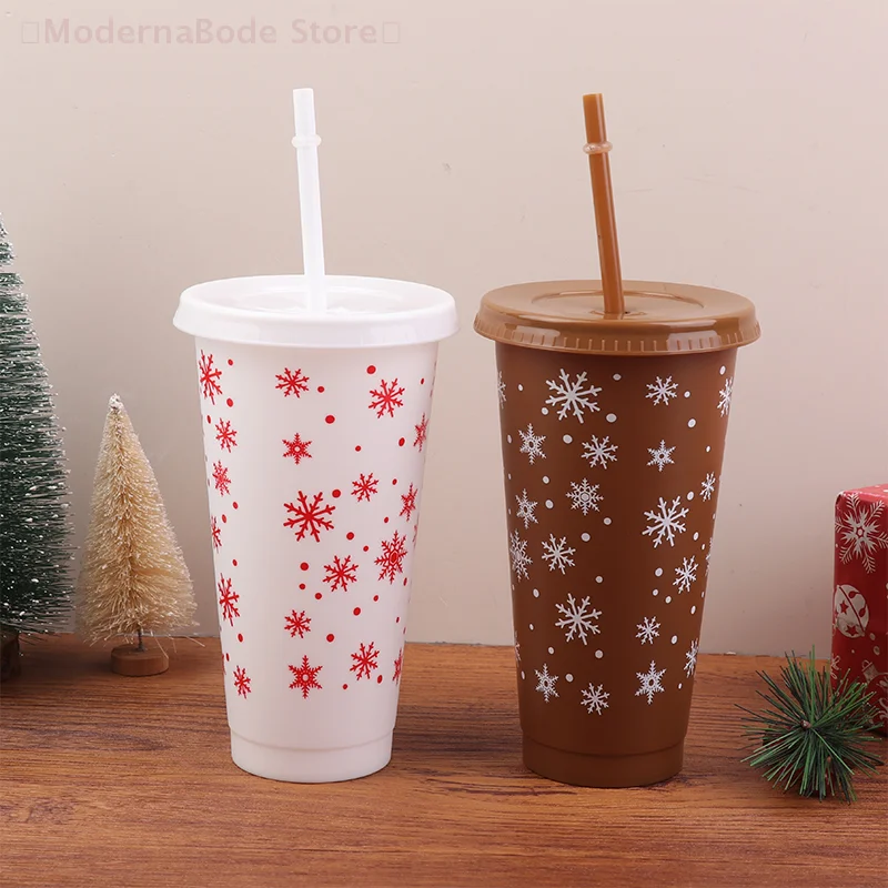 

【M】710ML Christmas Coffee Straw Cup Reusable Xmas Tree Snowflake Plastic Cup With Lid New Year 2026 Christmas Party Favors Decor