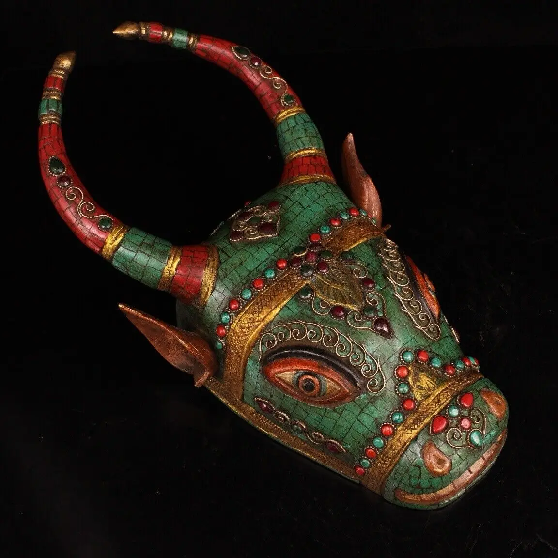 bronze inlay Gem Turquoise red coral Buddhist culture wall hanging bull ox head