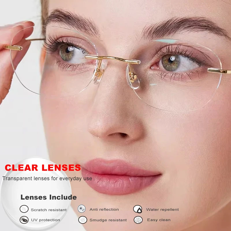 

1.61 Lenses Women Glasses Titanium Rimless Oval Design Gold Eyeglasses Prescription Myopia 6g Anti Blue Light Clear CR39