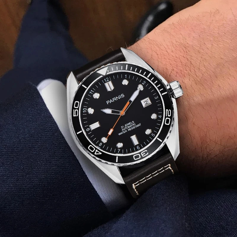 Модные мужские часы Parnis 45 мм, серебристые Стандартные Автоматические Мужские часы с сапфировым стеклом и кожаным ремешком, механические водонепроницаемые часы для мужчин