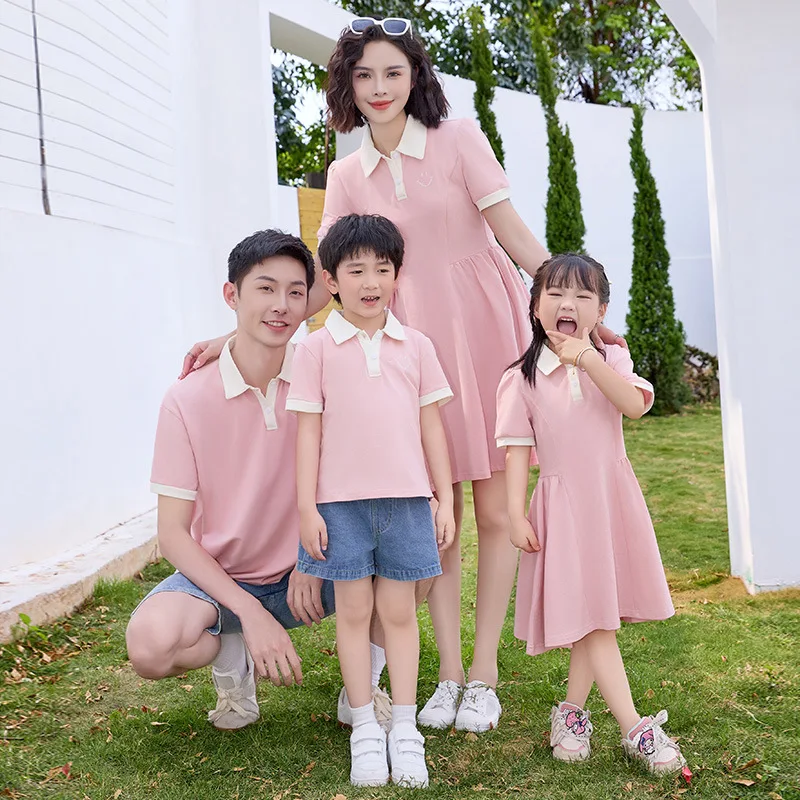 

Family Couple Matching Pink Outfits Parent-child Sister Brother Clothes Father and Son Polo Shirts Mother and Daughter Dresses