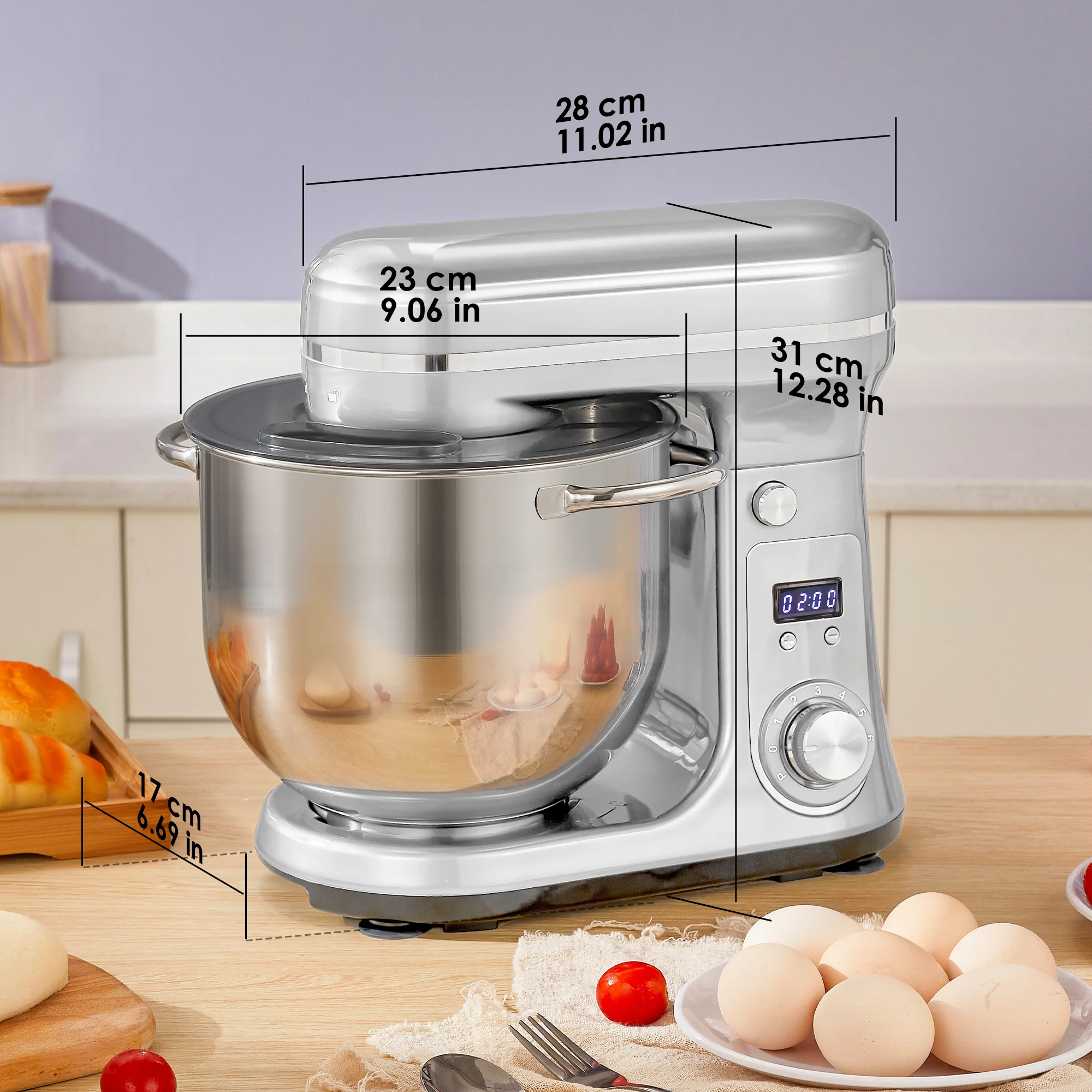 BioloMix 6-Gang-Standmixer für die Küche, 1200 W DC, leiser Motor, 6 l Edelstahlschüssel mit Sahne-Ei-Schneebesen, Peitsche, Teigkneter – Detail 10
