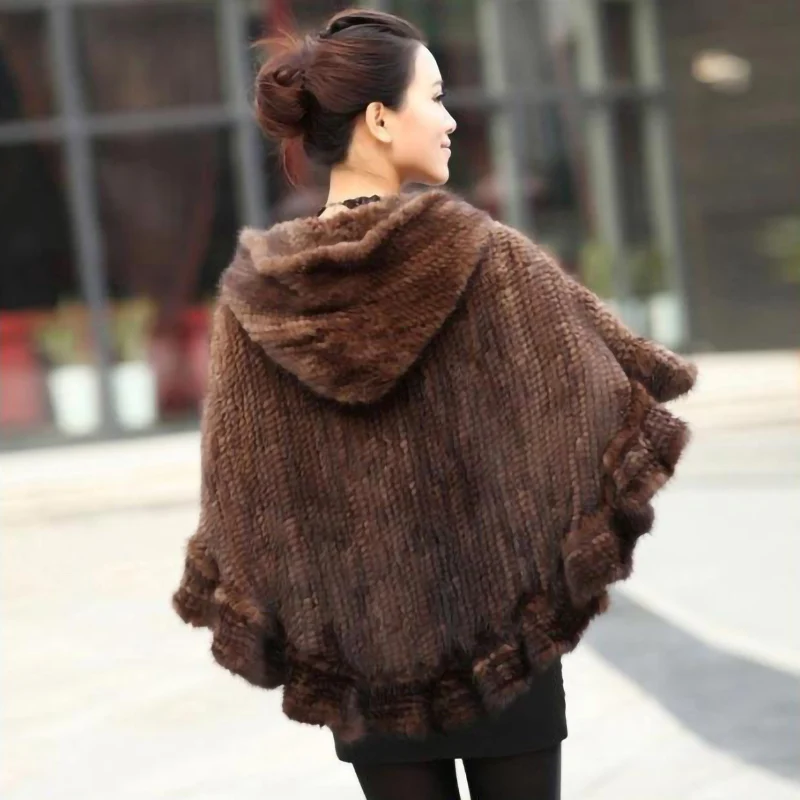 Châle en Fourrure de Vison group pour Femme, Étole avec Capuche, Poncho Pashmina, à la Mode, Hiver