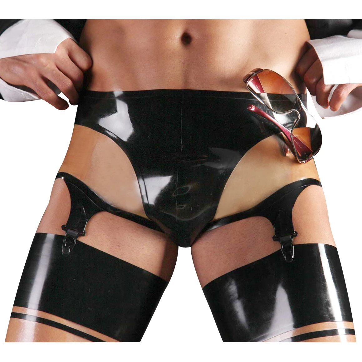 

Черный и прозрачной отделкой пикантные латексные трусы с подвязками резиновая шорты, трусы, нижнее белье трусы DK-0166