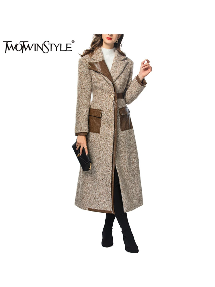 

TWOTWINSTYLE Colorblock Patchwork Pockets Long Trench For Women Lapel Long Sleeve Spliced Button Slimming Coats Famale Fashion