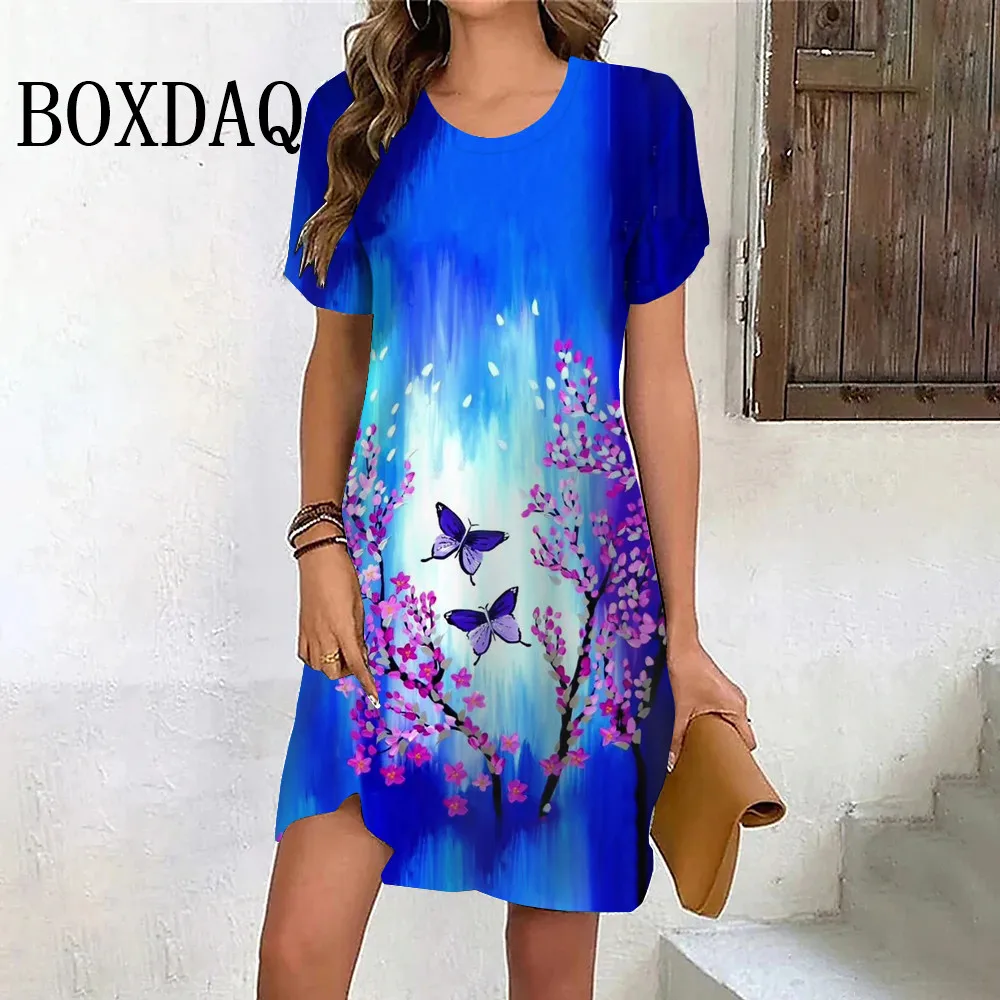 2024 New Women Dress Summer Vintage Letter Painting Flower Dress Short Sleeve Pullover Casual Print Mini Dress Oversize Sundress