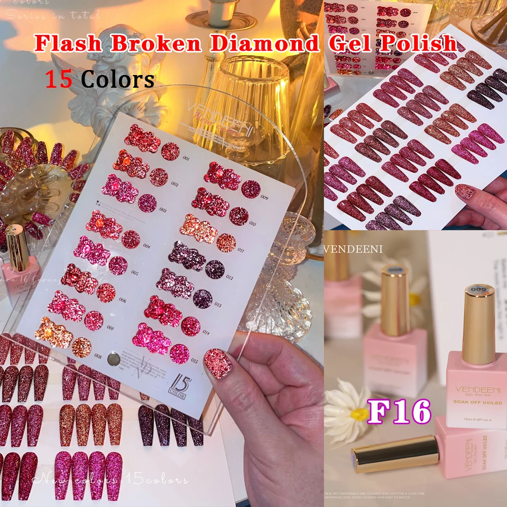 

Vendeeni 15 Color/Set Red Glitter Broken Diamond Gel Nail Polish UV LED Dark Red Sequins Manicure Nail Varnish With Color Card