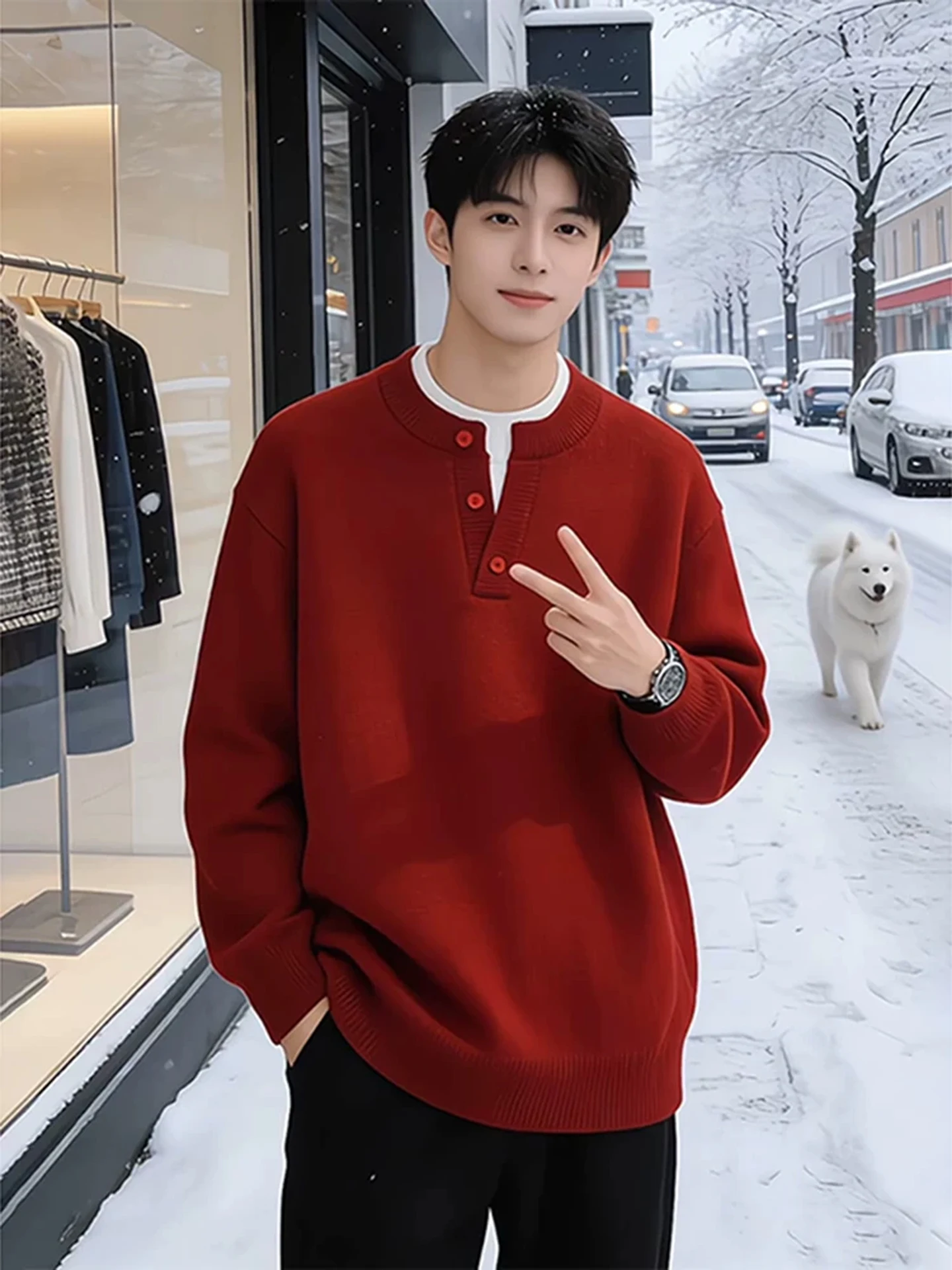 

Red Henry Collar Knitwear Men's Winter Faion Inner Wear Base irt Luy Year Match Zipper Soft Loose Fit Casual Sle Cotton