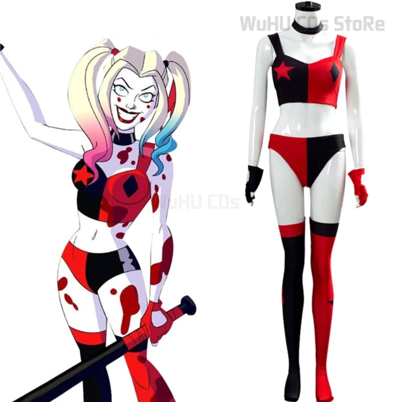 Anime Quinzel Suicide Isekai Harley Cosplay Costume Joker Girl Squad Stage Performance Costume Set Halloween Wig Clown Woman Cos