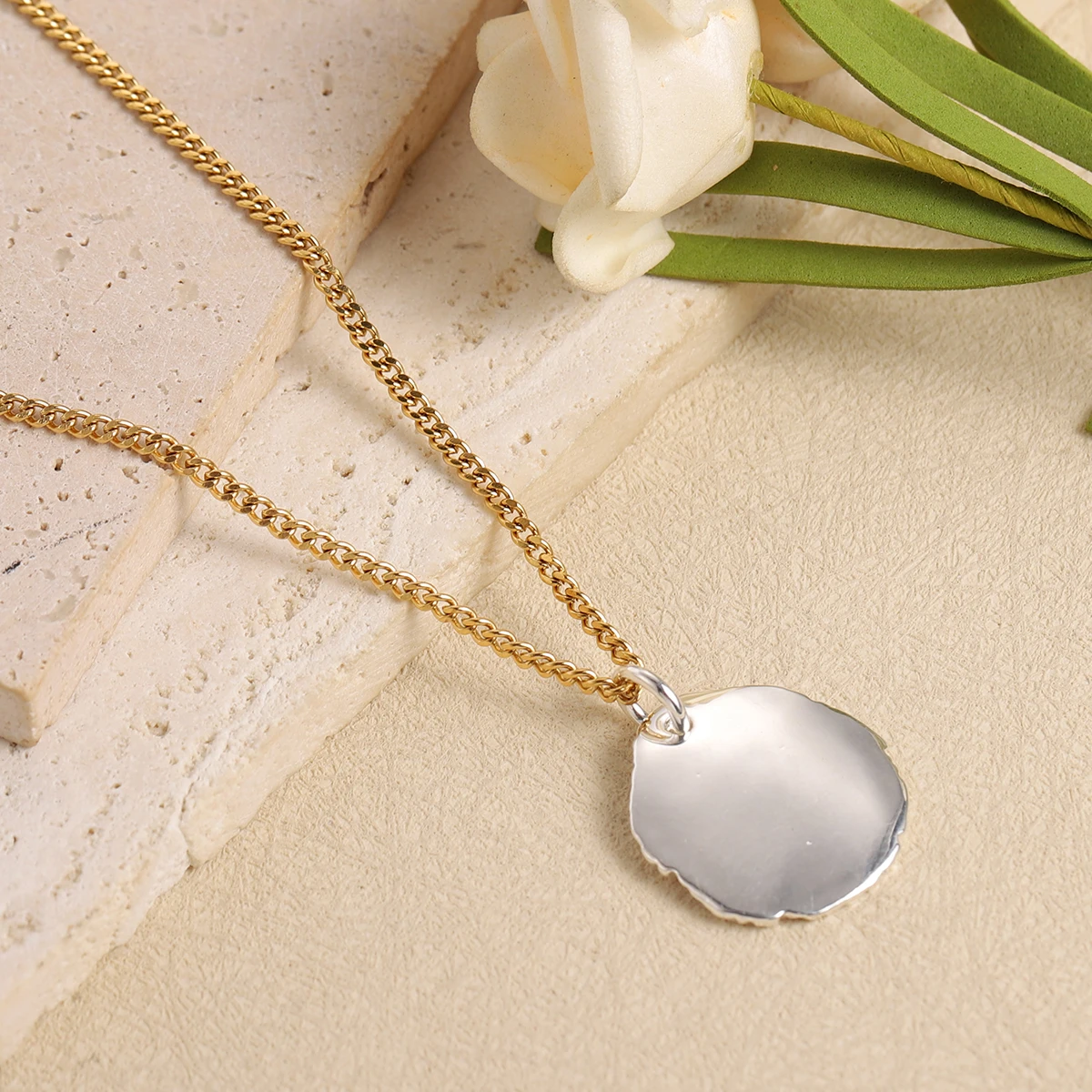 Two Tone Mixed Metal Pleated Ruffled Disc Pendant Necklace for Women Gold Curb Chain Textured Organic Wave Choker