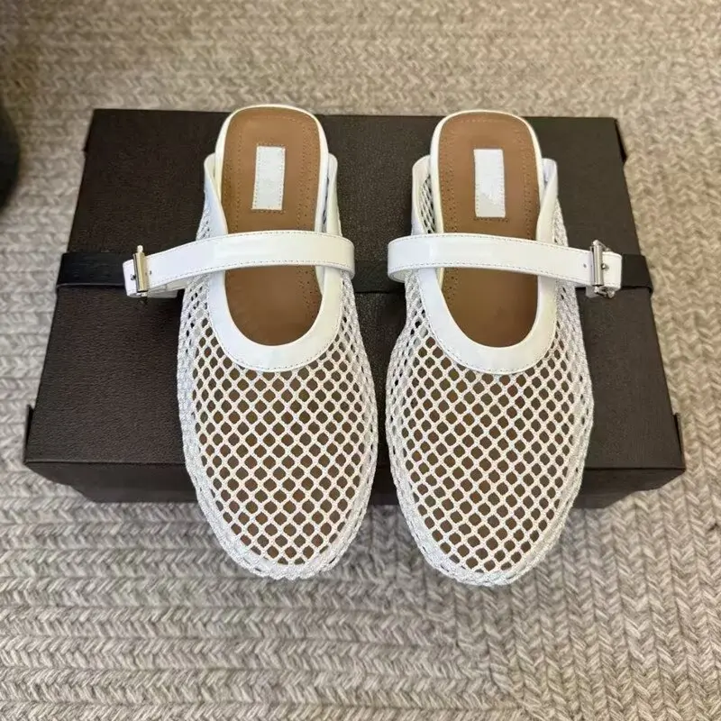 Designer Brand Original French Woven Mesh Bread Head Slippers Women's Flat Heels Fishing Net Hollow Mill Shoes