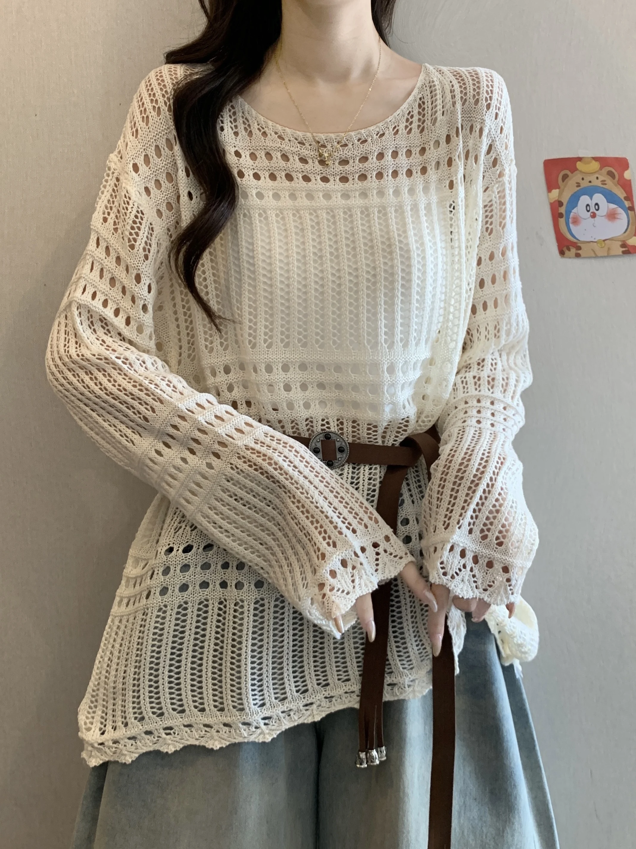 

Вязаная кофта с длинным рукавом для женщин, весна-лето, большие размеры, с завязками на талии, дышащая, приятная к телу