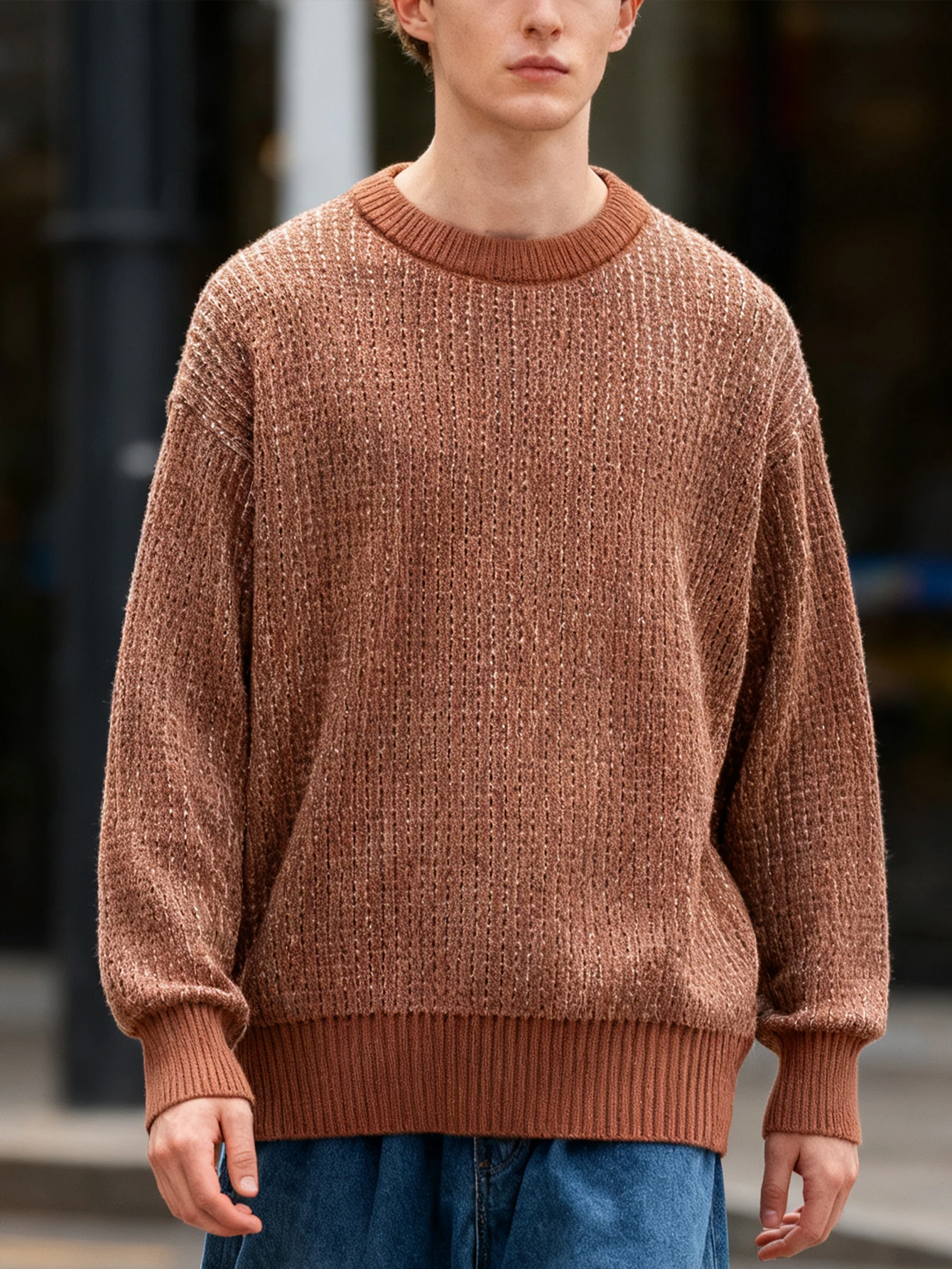 

LVLAEA Men's Twisted Striped Pullover Loose Fit Knitted Streetwear Sweater Long Sleeve Round Neck Casual Lazy Style Top for Fall