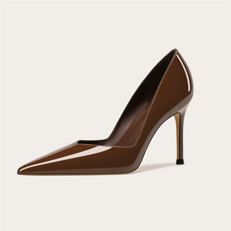 Spring and summer new pointed V-neck patent leather simple low heel work shoes banquet large size slim high heels women's shoes