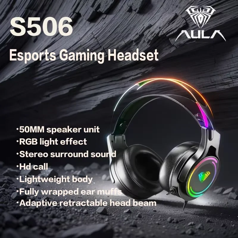 

AULA S506 Gaming Headset Esports 7.1 Surround Sound Heavy Bass Noise Cancellation Wired Computer Headset for Laptop Gaming