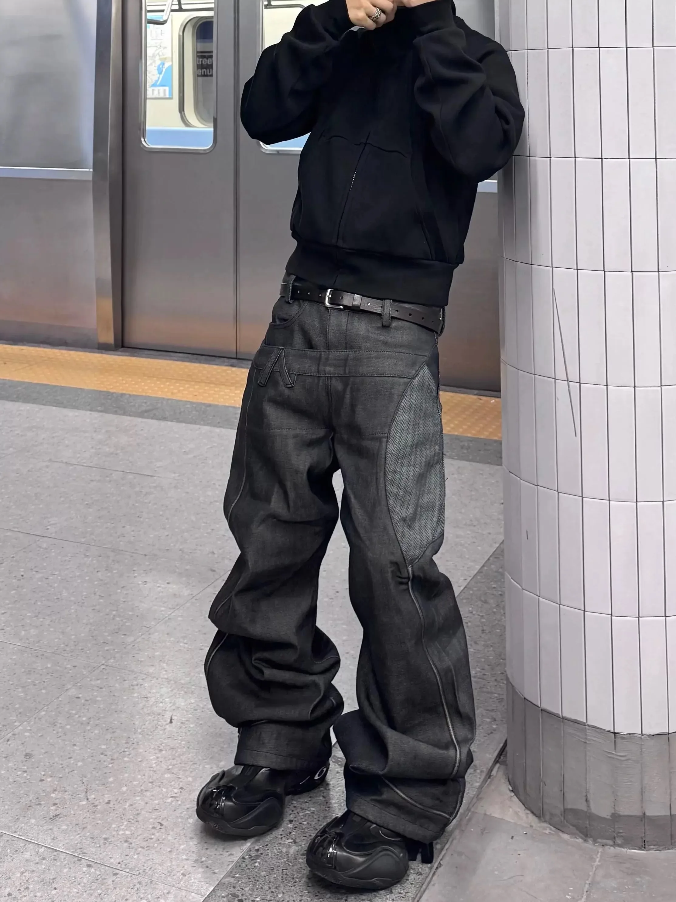 

Мужские джинсы Waed American Street, пэчворк, с двойной талией, повседневные, свободные, широкие, с легким расклешением, из полиэфирного волокна