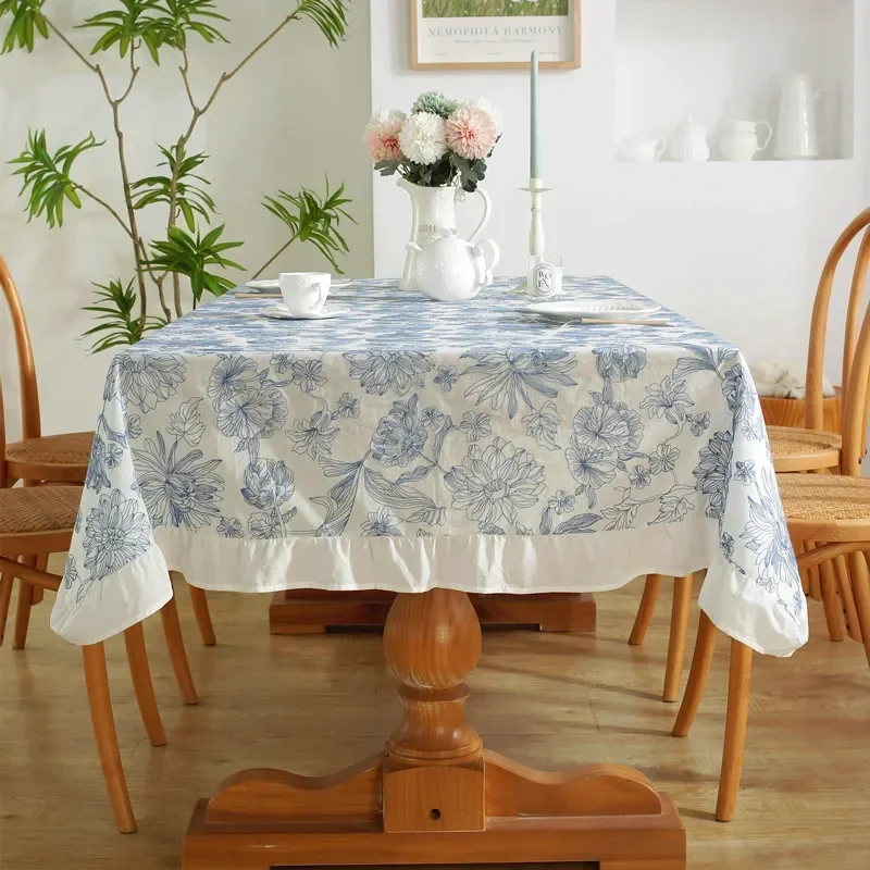 Cotton Ruffled Tablecloth for Wedding Home Party Dining Banquet Decoration Floral Embroidery Pattern Tea Table Protector 자수 식탁보