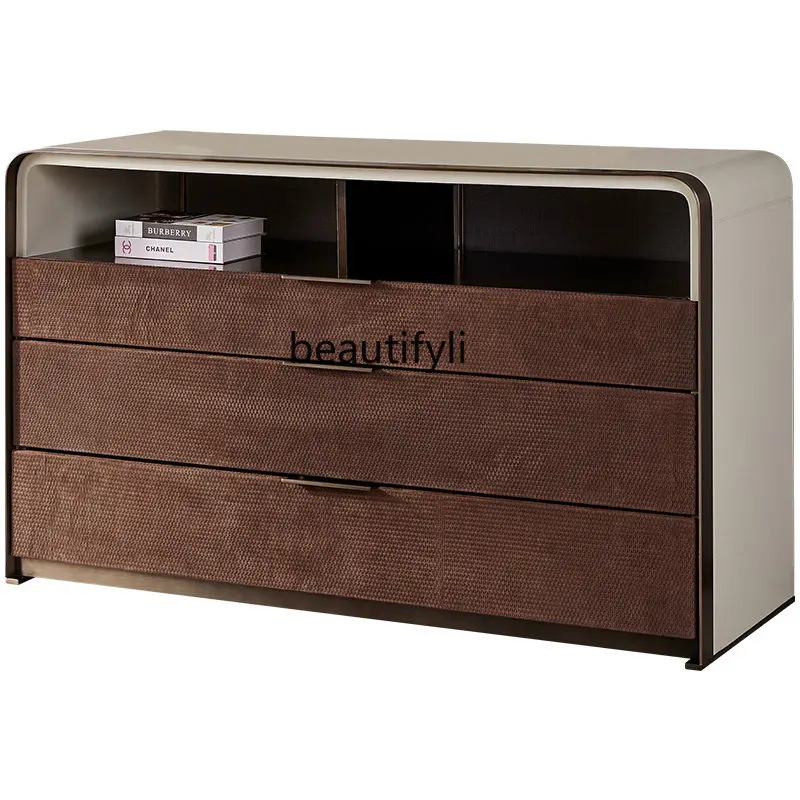 yj Italian Minimalist Chest of Drawers Bedroom Three-Bucket Cabinet Light Luxury Chest of Drawers Leather Storage Locker