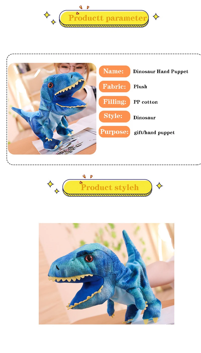 Niedliche Dinosaurier-Fingerpuppen für Kinder können ihre Münder bewegen und öffnen. Handpuppen, die Lernen, lustiges Begleitspielzeug, Geschenk – Detail 3