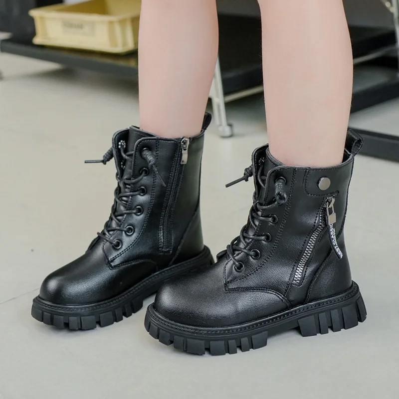 Spring/Summer Baby Girls Round Toe Black Popular Single Catwalk Boots Zipper Kids Soft Children Elegant Solid Color Square Heel