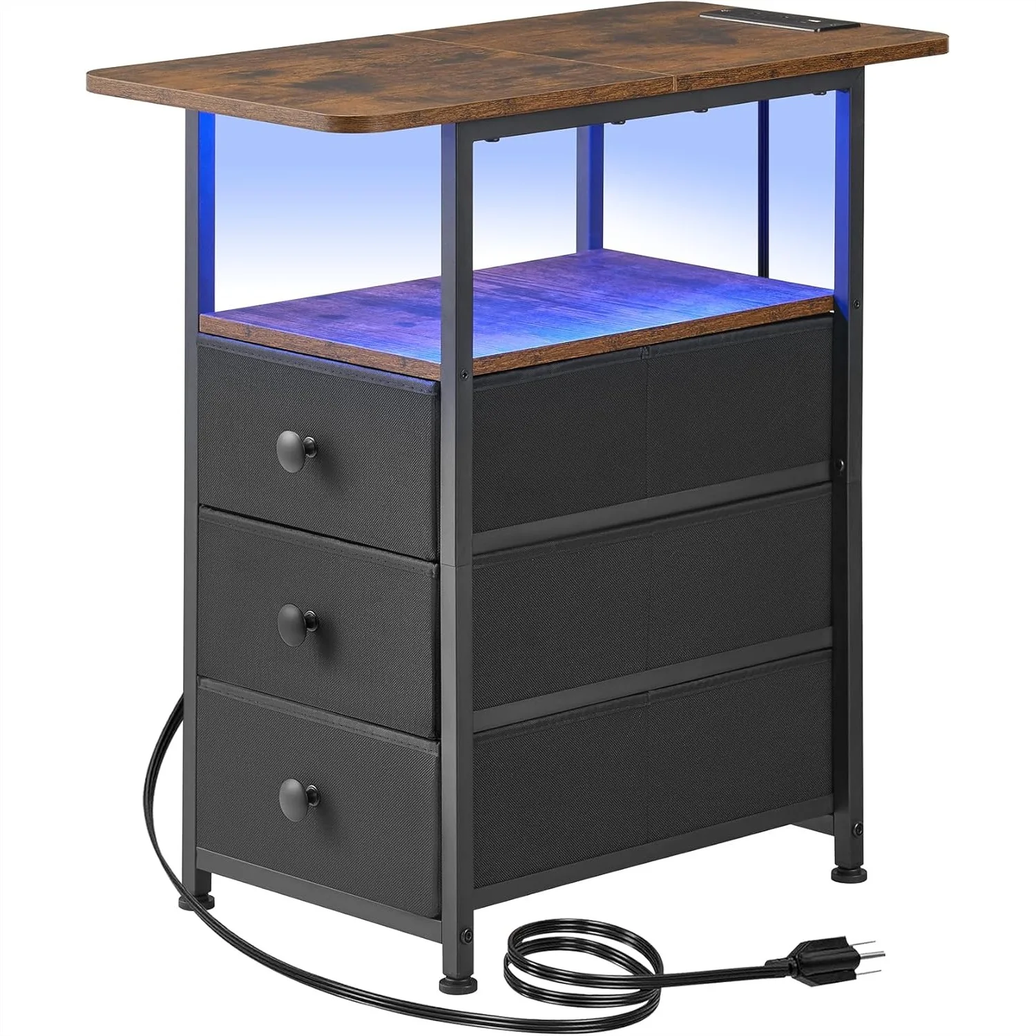 

Narrow End Table with Charging Station, Slim Nightstand with LED Light, 3 Drawers and Storage, Rustic Brown