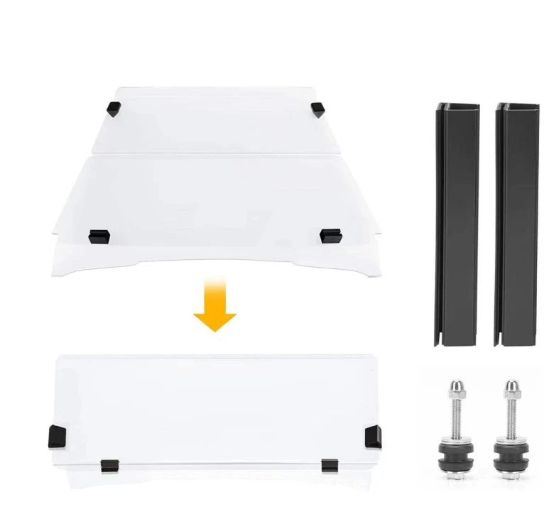 The windshield of the golf cart includes screws and adhesive golf cart parts