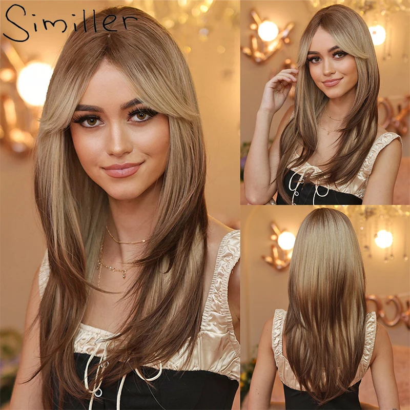 

Similler Women Long Synthetic Wigs Straight Heat Resistance Hair Brown Ombre Layer Wig with Bangs