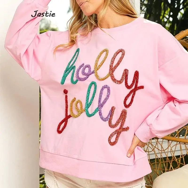 2023 Women\'s Autumn/Winter Christmas Fashion Round Neck letter Sequin Thin Pullover Sweater Long Sleeve Tshirts
