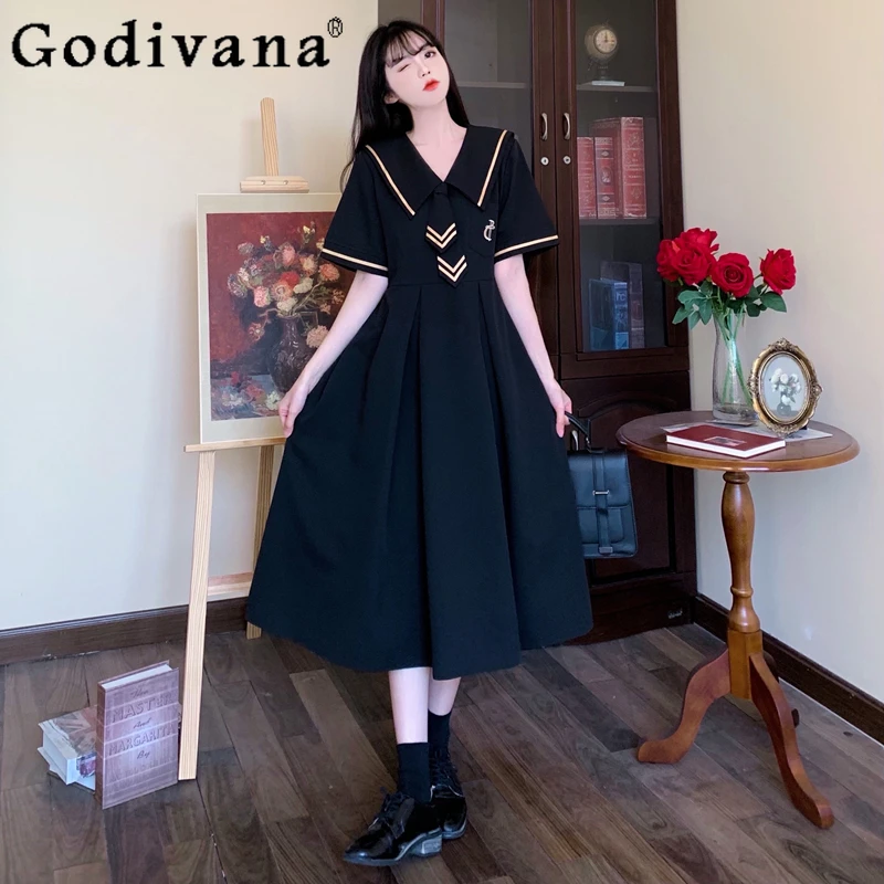 

Large Size L-4XL Sweet Gold Navy Collar Long Sleeve Black Dress Autumn Winter Japanese College Age Reduction with Tie JK Dresses