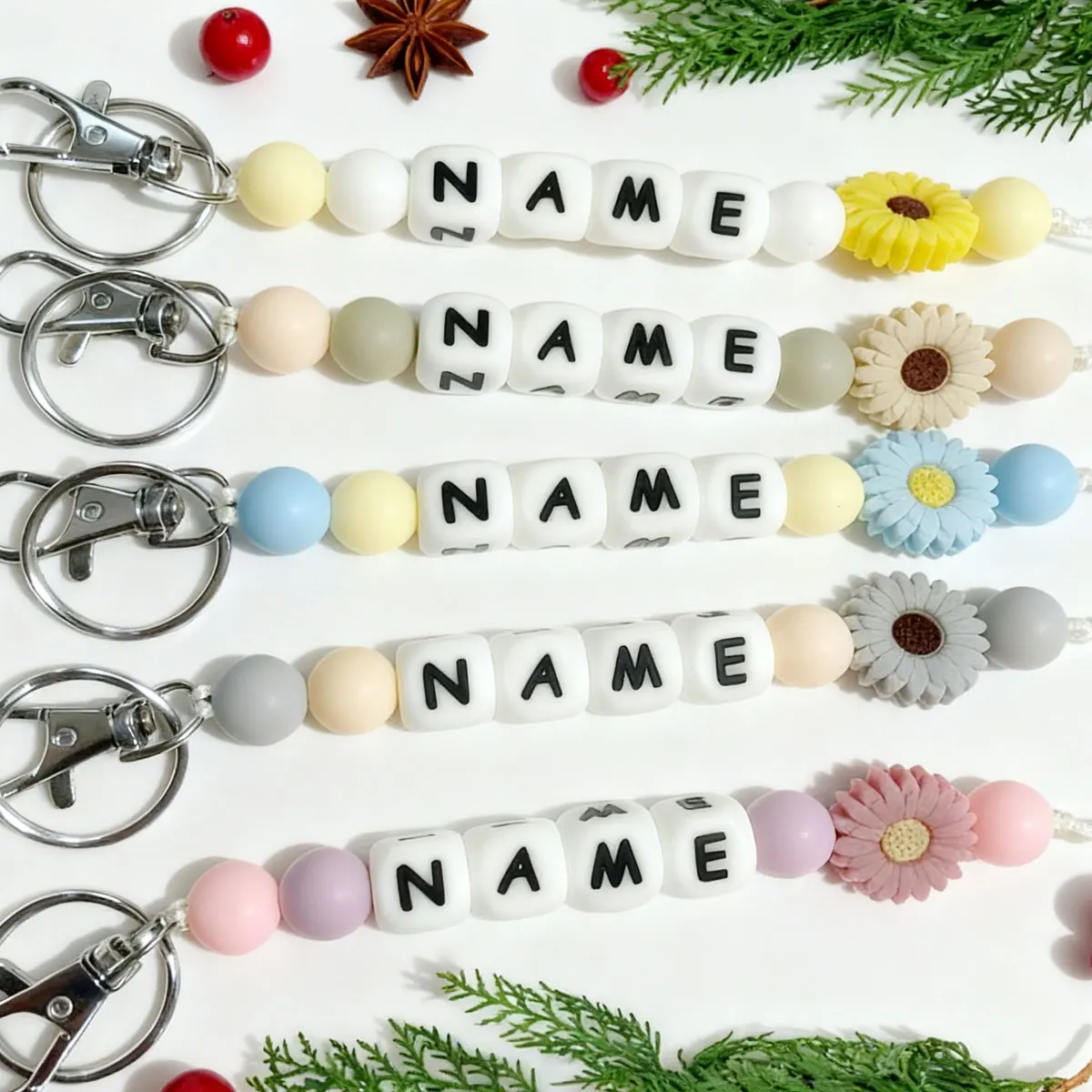 Personalized Custom Daisy Silicone Keychain, Beaded Bag Charm