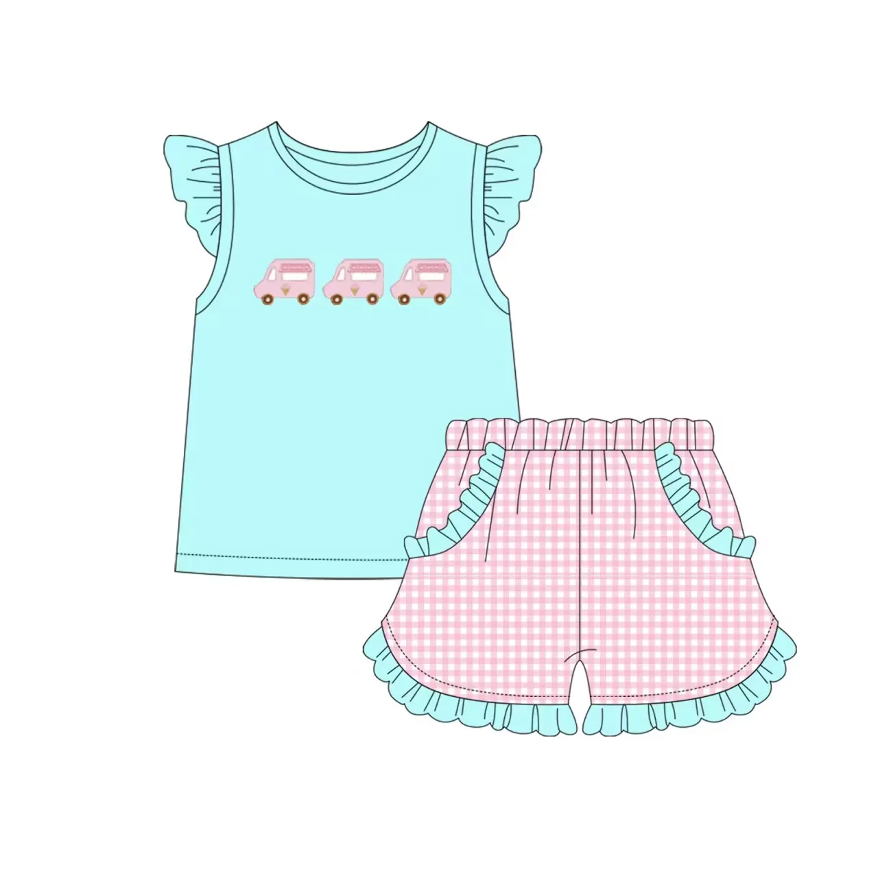 Summer new style baby girls clothes cart printed short-sleeved top shorts set pink plaid dress cute girl clothing